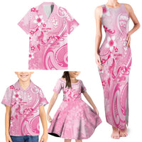 Personalised Memorial Pink Breast Cancer Awareness Family Matching Tank Maxi Dress and Hawaiian Shirt Plumeria Floral Tribal Pattern - Polynesian Pride