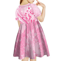 Personalised Memorial Pink Breast Cancer Awareness Kid Short Sleeve Dress Plumeria Floral Tribal Pattern - Polynesian Pride