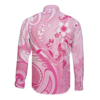 Personalised Memorial Pink Breast Cancer Awareness Long Sleeve Button Shirt Plumeria Floral Tribal Pattern - Polynesian Pride