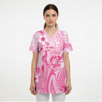 Personalised Memorial Pink Breast Cancer Awareness Scrub Top Plumeria Floral Tribal Pattern - Polynesian Pride