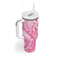 Personalised Memorial Pink Breast Cancer Awareness Tumbler With Handle Plumeria Floral Tribal Pattern - Polynesian Pride