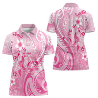Personalised Memorial Pink Breast Cancer Awareness Women Polo Shirt Plumeria Floral Tribal Pattern - Polynesian Pride
