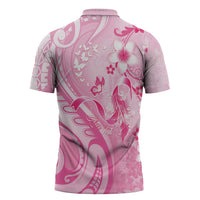 Personalised Memorial Pink Breast Cancer Awareness Zipper Polo Shirt Plumeria Floral Tribal Pattern - Polynesian Pride