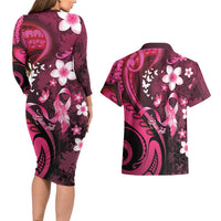 Personalised Memorial Breast Cancer Awareness Couples Matching Long Sleeve Bodycon Dress and Hawaiian Shirt Plumeria Floral Tribal Pattern - Polynesian Pride