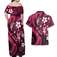 Personalised Memorial Breast Cancer Awareness Couples Matching Off Shoulder Maxi Dress and Hawaiian Shirt Plumeria Floral Tribal Pattern - Polynesian Pride