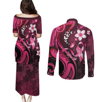 Personalised Memorial Breast Cancer Awareness Couples Matching Puletasi and Long Sleeve Button Shirt Plumeria Floral Tribal Pattern - Polynesian Pride