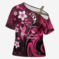 Personalised Memorial Breast Cancer Awareness Cross Shoulder Shirt Plumeria Floral Tribal Pattern - Polynesian Pride