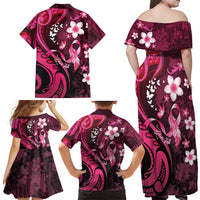 Personalised Memorial Breast Cancer Awareness Family Matching Off Shoulder Maxi Dress and Hawaiian Shirt Plumeria Floral Tribal Pattern - Polynesian Pride