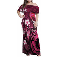 Personalised Memorial Breast Cancer Awareness Family Matching Off Shoulder Maxi Dress and Hawaiian Shirt Plumeria Floral Tribal Pattern - Polynesian Pride