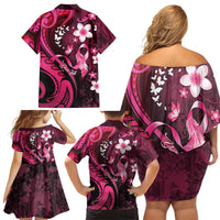 Personalised Memorial Breast Cancer Awareness Family Matching Off Shoulder Short Dress and Hawaiian Shirt Plumeria Floral Tribal Pattern - Polynesian Pride