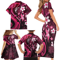 Personalised Memorial Breast Cancer Awareness Family Matching Short Sleeve Bodycon Dress and Hawaiian Shirt Plumeria Floral Tribal Pattern - Polynesian Pride