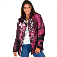 Personalised Memorial Breast Cancer Awareness Padded Jacket Plumeria Floral Tribal Pattern - Polynesian Pride