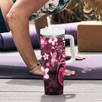 Personalised Memorial Breast Cancer Awareness Tumbler With Handle Plumeria Floral Tribal Pattern - Polynesian Pride