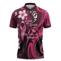 Personalised Memorial Breast Cancer Awareness Zipper Polo Shirt Plumeria Floral Tribal Pattern - Polynesian Pride