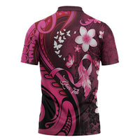 Personalised Memorial Breast Cancer Awareness Zipper Polo Shirt Plumeria Floral Tribal Pattern - Polynesian Pride