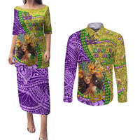 Personalised Hawaii Mardi Gras Couples Matching Puletasi and Long Sleeve Button Shirt Polynesian Pattern With Glitter Style LT05 Yellow - Polynesian Pride