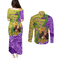 Personalised Hawaii Mardi Gras Couples Matching Puletasi and Long Sleeve Button Shirt Polynesian Pattern With Glitter Style LT05 - Polynesian Pride