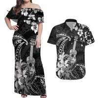 Hawaii Ukulele Couples Matching Off Shoulder Maxi Dress and Hawaiian Shirt Polynesian Pattern Mix Hibiscus Black Version LT05