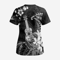 Hawaii Ukulele Scrub Top Polynesian Pattern Mix Hibiscus Black Version - Polynesian Pride
