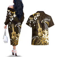 Hawaii Ukulele Couples Matching Off The Shoulder Long Sleeve Dress and Hawaiian Shirt Polynesian Pattern Mix Hibiscus Gold Version LT05