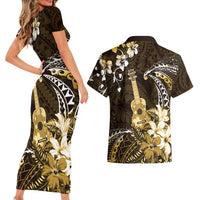 Hawaii Ukulele Couples Matching Short Sleeve Bodycon Dress and Hawaiian Shirt Polynesian Pattern Mix Hibiscus Gold Version LT05