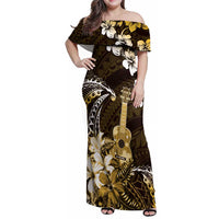 Hawaii Ukulele Family Matching Off Shoulder Maxi Dress and Hawaiian Shirt Polynesian Pattern Mix Hibiscus Gold Version LT05