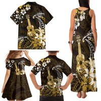 Hawaii Ukulele Family Matching Tank Maxi Dress and Hawaiian Shirt Polynesian Pattern Mix Hibiscus Gold Version LT05