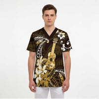 Hawaii Ukulele Scrub Top Polynesian Pattern Mix Hibiscus Gold Version - Polynesian Pride