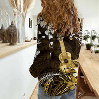 Hawaii Ukulele Women Casual Shirt Polynesian Pattern Mix Hibiscus Gold Version LT05