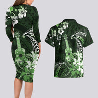 Hawaii Ukulele Couples Matching Long Sleeve Bodycon Dress and Hawaiian Shirt Polynesian Pattern Mix Hibiscus Green Version LT05
