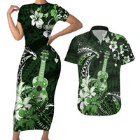 Hawaii Ukulele Couples Matching Short Sleeve Bodycon Dress and Hawaiian Shirt Polynesian Pattern Mix Hibiscus Green Version LT05