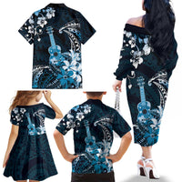Hawaii Ukulele Family Matching Off The Shoulder Long Sleeve Dress and Hawaiian Shirt Polynesian Pattern Mix Hibiscus Blue Version LT05