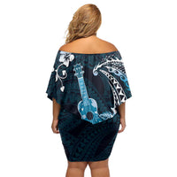 Hawaii Ukulele Off Shoulder Short Dress Polynesian Pattern Mix Hibiscus Blue Version LT05