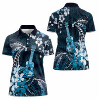 Hawaii Ukulele Women Polo Shirt Polynesian Pattern Mix Hibiscus Blue Version LT05