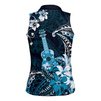 Hawaii Ukulele Women Sleeveless Polo Shirt Polynesian Pattern Mix Hibiscus Blue Version LT05