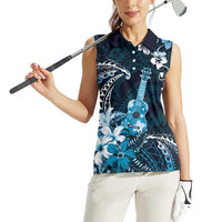 Hawaii Ukulele Women Sleeveless Polo Shirt Polynesian Pattern Mix Hibiscus Blue Version LT05