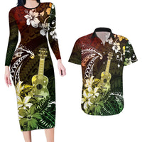 Hawaii Ukulele Couples Matching Long Sleeve Bodycon Dress and Hawaiian Shirt Polynesian Pattern Mix Hibiscus Reggae Version LT05 Reggae - Polynesian Pride