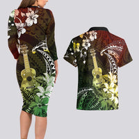 Hawaii Ukulele Couples Matching Long Sleeve Bodycon Dress and Hawaiian Shirt Polynesian Pattern Mix Hibiscus Reggae Version LT05 - Polynesian Pride