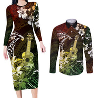 Hawaii Ukulele Couples Matching Long Sleeve Bodycon Dress and Long Sleeve Button Shirt Polynesian Pattern Mix Hibiscus Reggae Version LT05 Reggae - Polynesian Pride