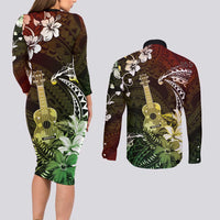 Hawaii Ukulele Couples Matching Long Sleeve Bodycon Dress and Long Sleeve Button Shirt Polynesian Pattern Mix Hibiscus Reggae Version LT05 - Polynesian Pride