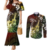 Hawaii Ukulele Couples Matching Mermaid Dress and Long Sleeve Button Shirt Polynesian Pattern Mix Hibiscus Reggae Version LT05 Reggae - Polynesian Pride