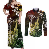 Hawaii Ukulele Couples Matching Off Shoulder Maxi Dress and Long Sleeve Button Shirt Polynesian Pattern Mix Hibiscus Reggae Version LT05 Reggae - Polynesian Pride