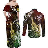 Hawaii Ukulele Couples Matching Off Shoulder Maxi Dress and Long Sleeve Button Shirt Polynesian Pattern Mix Hibiscus Reggae Version LT05 - Polynesian Pride