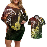 Hawaii Ukulele Couples Matching Off Shoulder Short Dress and Hawaiian Shirt Polynesian Pattern Mix Hibiscus Reggae Version LT05 Reggae - Polynesian Pride