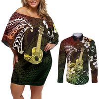 Hawaii Ukulele Couples Matching Off Shoulder Short Dress and Long Sleeve Button Shirt Polynesian Pattern Mix Hibiscus Reggae Version LT05 Reggae - Polynesian Pride