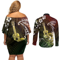 Hawaii Ukulele Couples Matching Off Shoulder Short Dress and Long Sleeve Button Shirt Polynesian Pattern Mix Hibiscus Reggae Version LT05 - Polynesian Pride