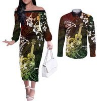 Hawaii Ukulele Couples Matching Off The Shoulder Long Sleeve Dress and Long Sleeve Button Shirt Polynesian Pattern Mix Hibiscus Reggae Version LT05 Reggae - Polynesian Pride