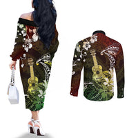 Hawaii Ukulele Couples Matching Off The Shoulder Long Sleeve Dress and Long Sleeve Button Shirt Polynesian Pattern Mix Hibiscus Reggae Version LT05 - Polynesian Pride