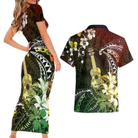 Hawaii Ukulele Couples Matching Short Sleeve Bodycon Dress and Hawaiian Shirt Polynesian Pattern Mix Hibiscus Reggae Version LT05 - Polynesian Pride