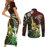 Hawaii Ukulele Couples Matching Short Sleeve Bodycon Dress and Long Sleeve Button Shirt Polynesian Pattern Mix Hibiscus Reggae Version LT05 - Polynesian Pride